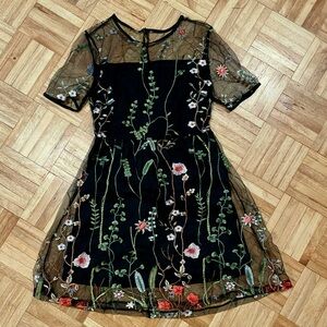 SHEIN Black Floral Embroidered Mini Dress